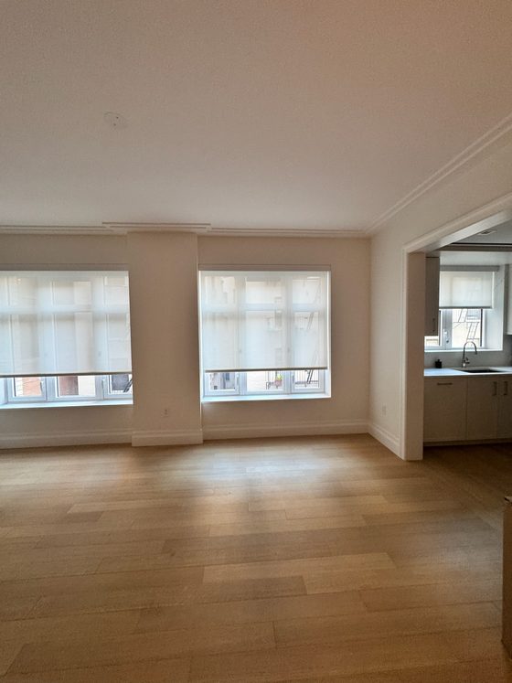 Light filtering motorized roller shades in a renovated living room